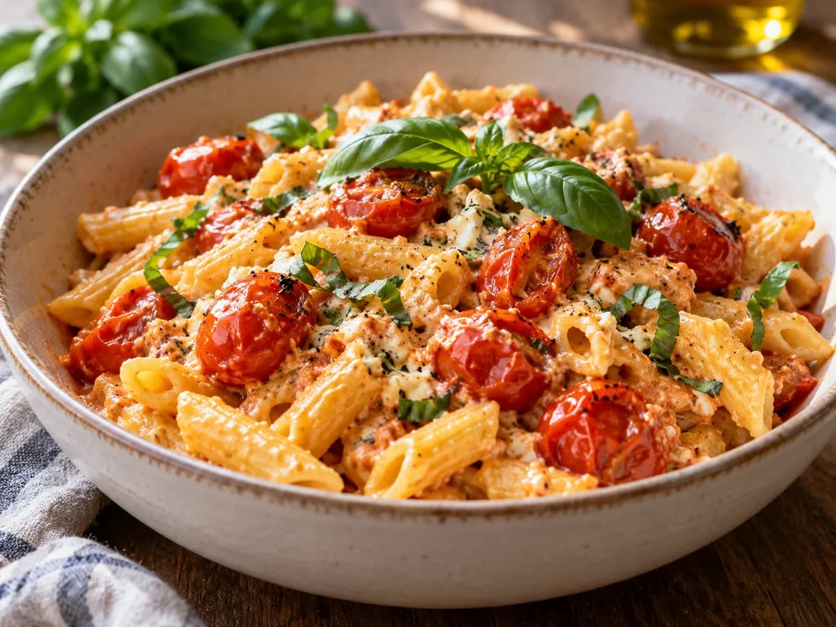 Fetapasta valmiina tarjoiltuna