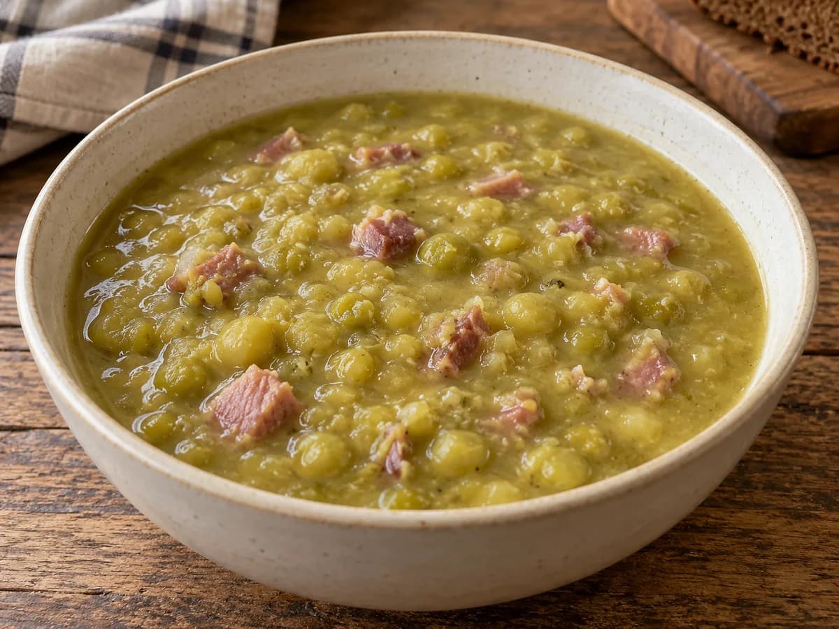 Paksua hernekeittoa kulhossa, vihreitä herneitä ja pieniä kinkkupaloja