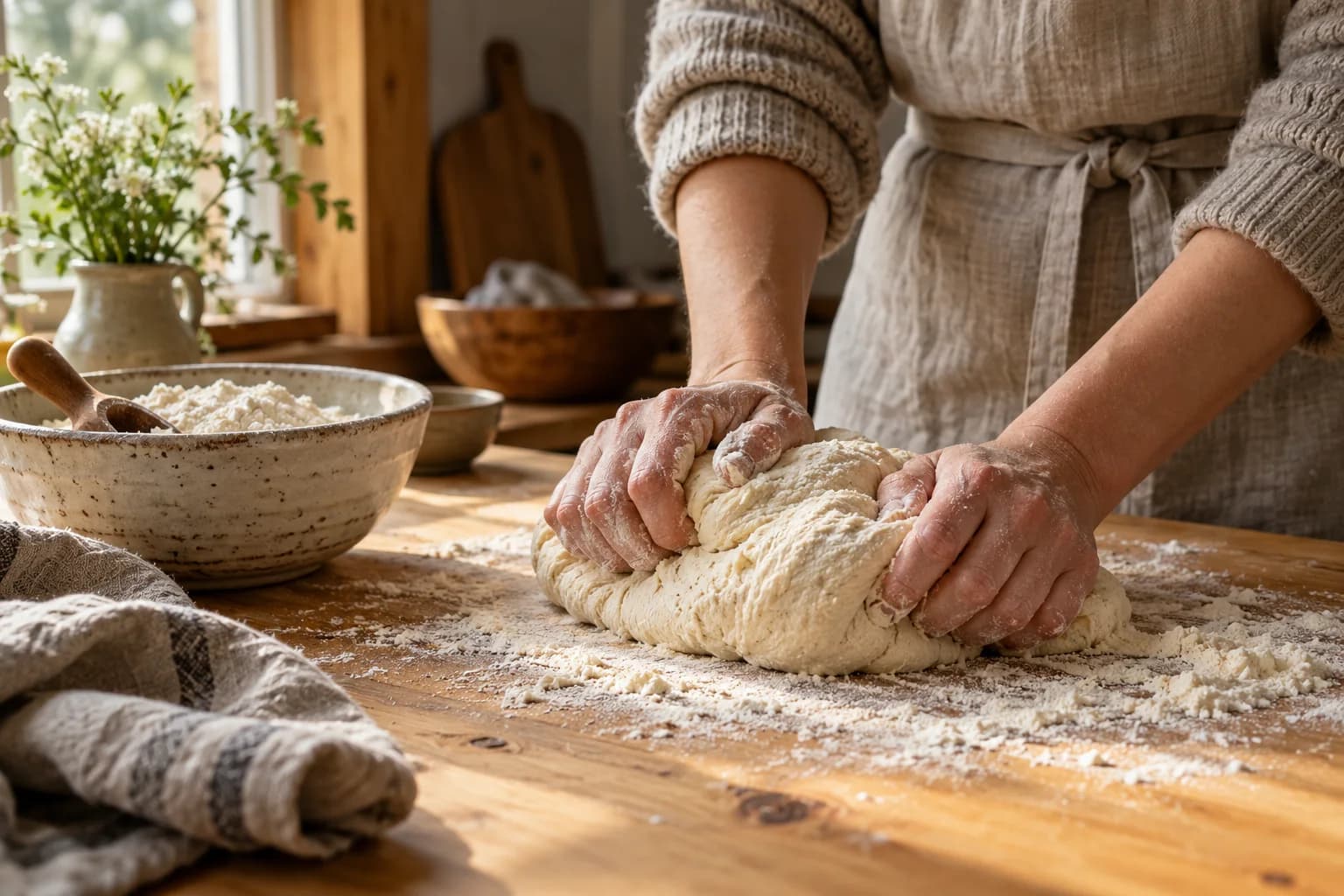 Taikinaa alustetaan jauhotetulla keittiönpöydällä