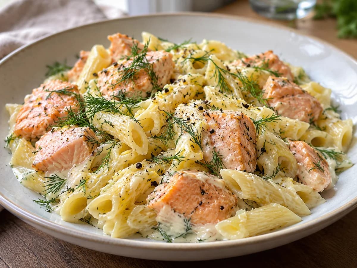 Lohipasta valmiina tarjoiltuna