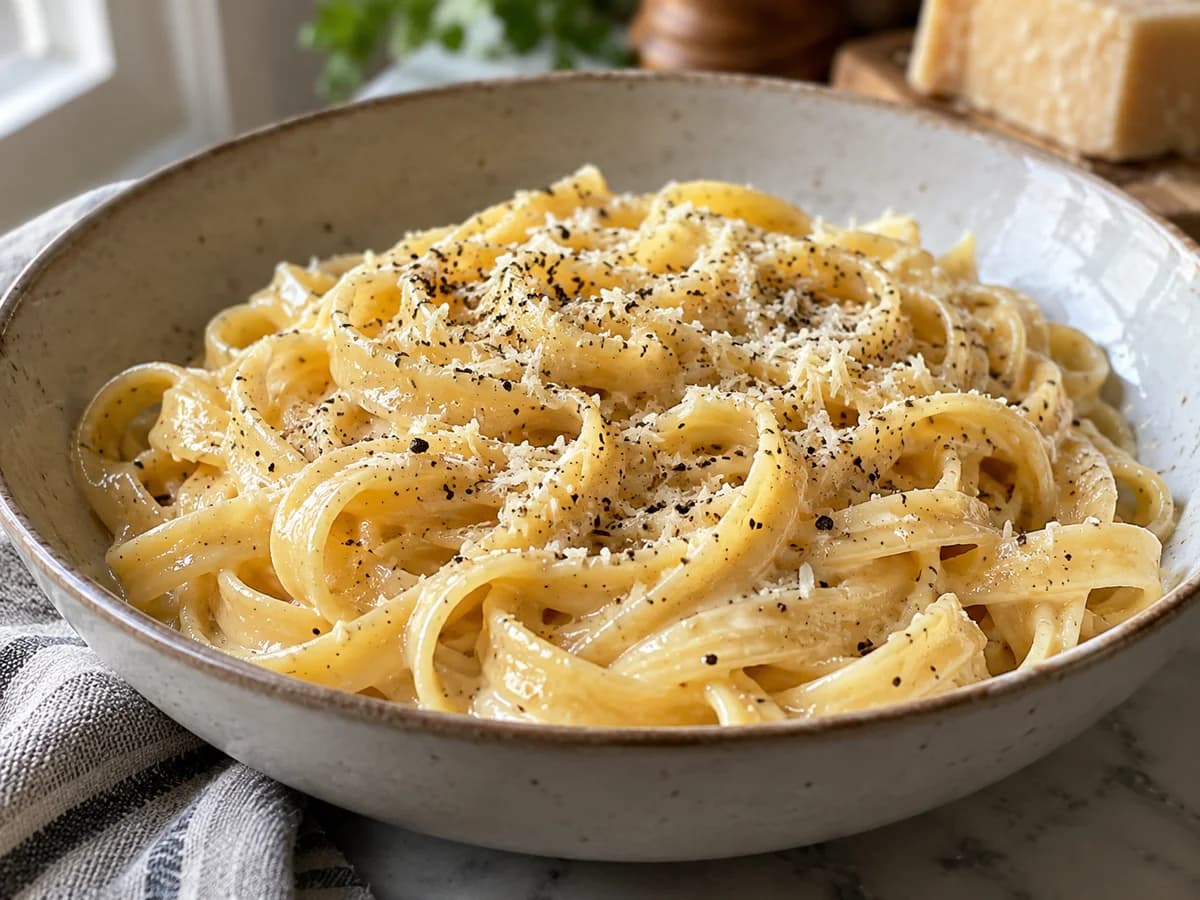 Pasta Alfredo valmiina tarjoiltuna