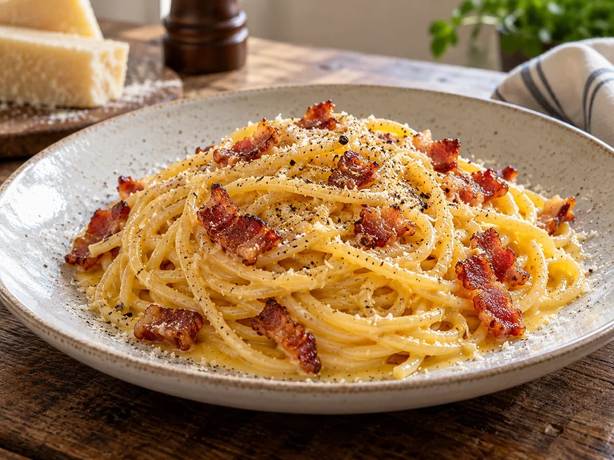 Spagetti carbonaraa pekonipalojen ja mustapippurin kanssa.